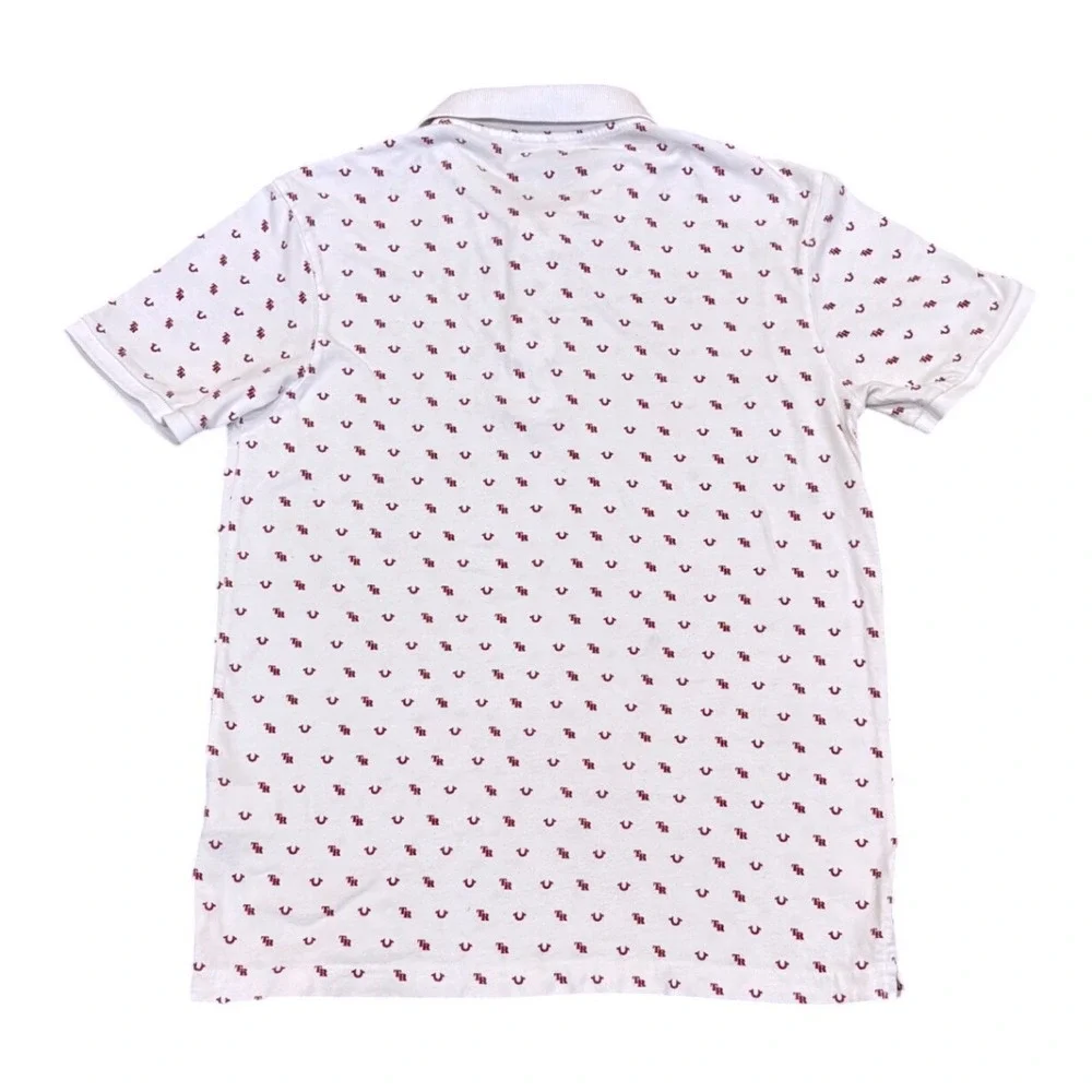 True Religion Polo Shirt Mens Small White Red All Over Logo Print Short Sleeve